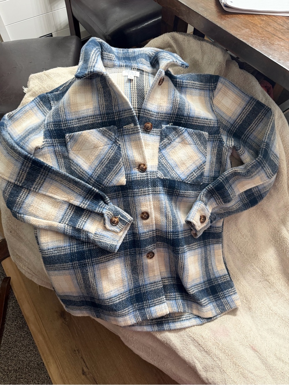 Time and Tru Blue and Cream Plaid Button Shirt